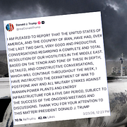 Donald Trumps inlägg på Truth Social / en utbränd oljetanker i Teheran den 8 mars.