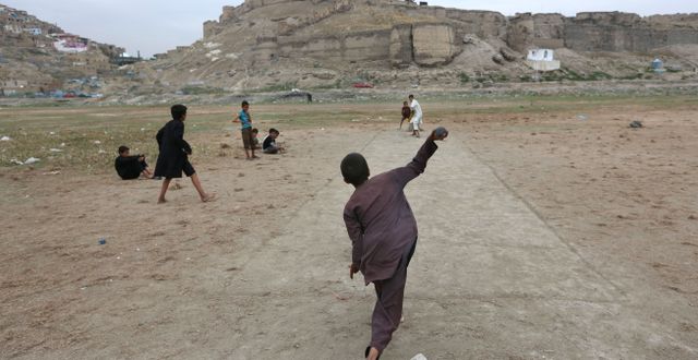 Barn som spelar cricket i Afghansistan.  Rahmat Gul / TT NYHETSBYRÅN