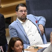 Sverigedemokraternas partiledare Jimmie Åkesson i riksdagen inför upprop och talmansval. 