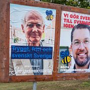 Valaffischer för Miljöpartiet, Sverigedemokraterna och Moderaterna.
