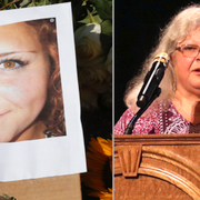 Till vänster: Bild på Heather Heyer. Till höger: Susan Bro talar på dotterns gudstjänst den 16 augusti.  