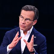Moderaternas partiledare statsminister Ulf Kristersson (M) under den avslutande statsministerduellen på TV4, kvällen innan valet.