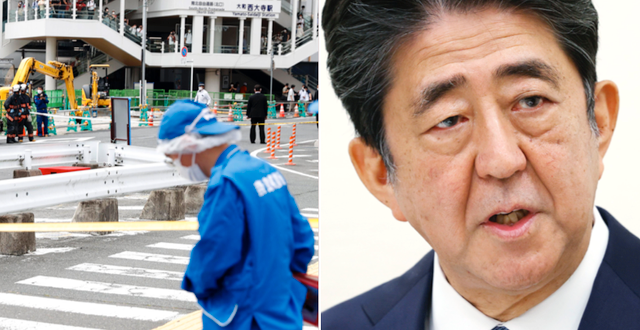 Brottsplatsen i Japan/ före detta premiärminister Shinzo Abe.  AP