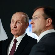 Putin, patriarken Kirill och Medinskij 2019.