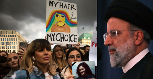 Protester i Berlin mot regimen i Iran och Irans högsta ledare ayatollah Ali Khamenei AP/TT