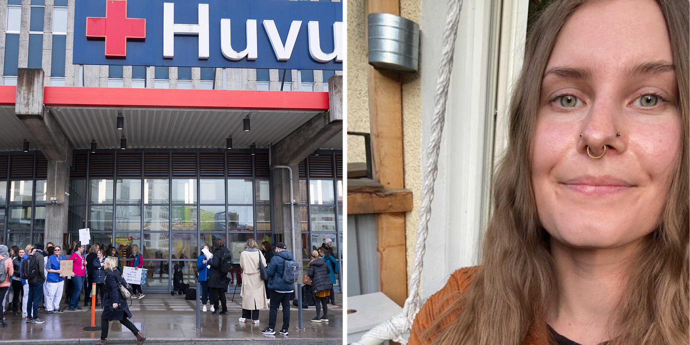 Vårdförbundet på plats utanför Karolinska Institutet när övertidsblockaden inleddes/Sjuksköterskan Elin Jernberg. 