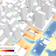 En del av modellen av Singapore som visar hur den upplevda temperaturen varierar inom ett område nära stadskärnan.  