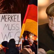 AFD-supportrar med ett plakat med texten ”Merkel måste bort” under en regeringskritisk protest efter dådet, 21 december (t v), Tysklands förbundskansler Angela Merkel (t h)