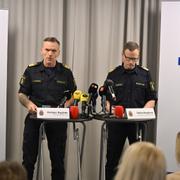 Hampus Nygårds, biträdande chef, Noa och Tobias Bergkvist, biträdande regionpolischef, Stockholm, under en pressträff hos polisen med anledning av våldsutvecklingen i framförallt polisregion Stockholm.