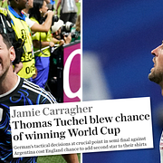 Till vänster: Argentinas Lionel Messi firar efter segern mot England. Till höger: Englands Harry Kane deppar efter förlusten.