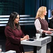 Partiledarna Magdalena Andersson (S), Nooshi Dadgostar (V) och Elisabeth Thand Ringqvist (C).