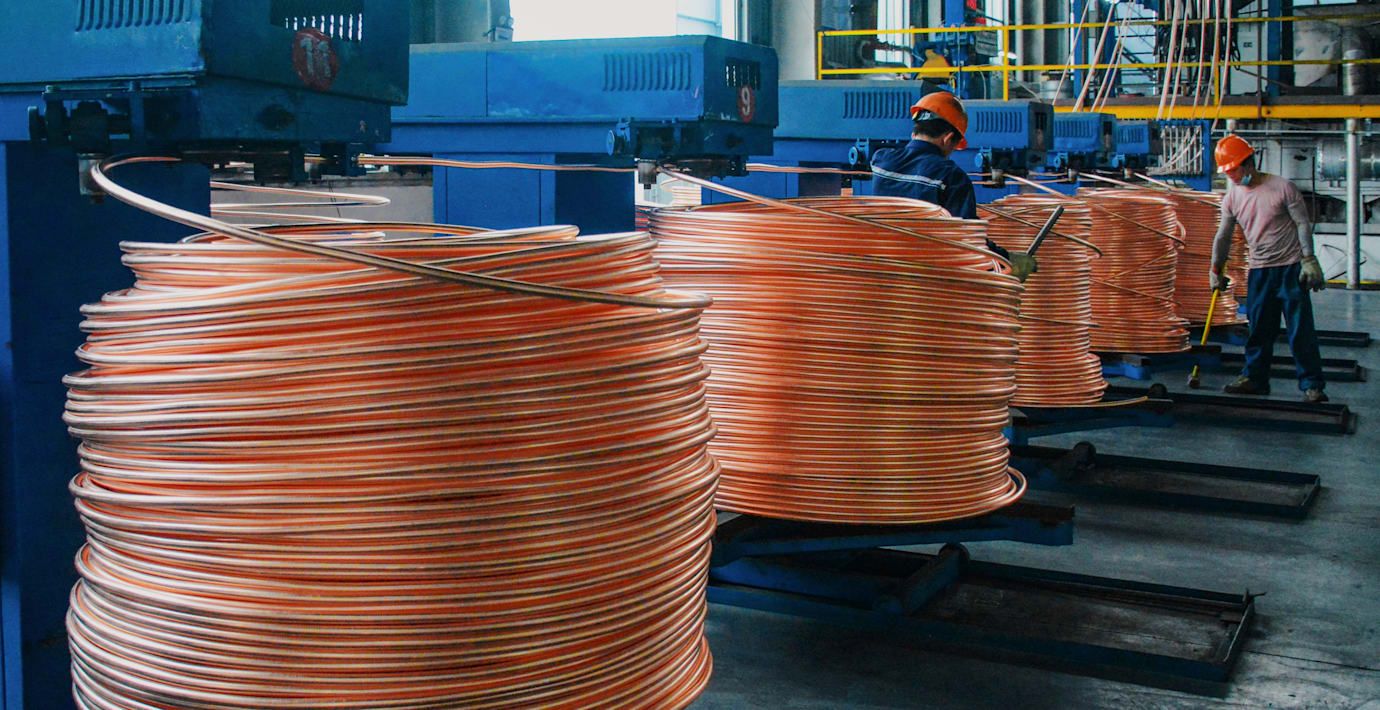 Kopparproduktion vid smältverket i Yuexi County i den kinesiska Anhui-provinsen.