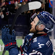 Robin Kovacs jublar efter matchen mellan Linköping och Djurgården den 18 december 2025 i Linköping. 