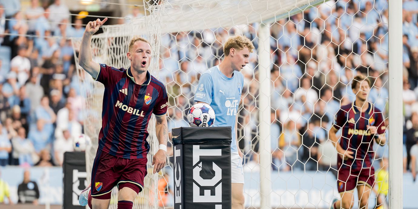 260824 Djurgårdens Kristian Lien jublar efter sitt mål.