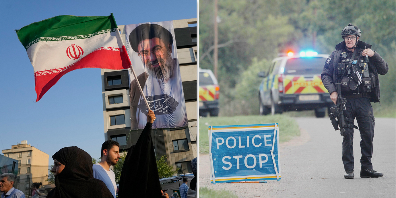 Till vänster: En kvinna viftar med den iranska flaggan i Teheran. Till höger: Polis i samband med insatsen vid RAF Fairford.