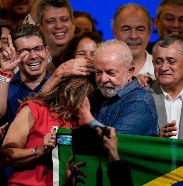 Luiz Inacio Lula da Silva embraces his wife Rosangela in Sao Paulo, Brazil, Sunday. Andre Penner / AP