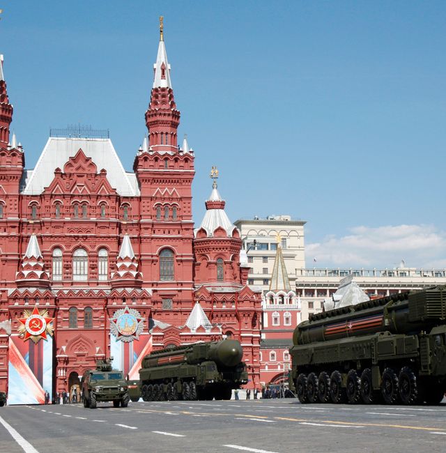 FILE - Russian ICBM missile launchers move during the Victory Day military parade marking 71 years after the victory in WWII in Red Square in Moscow, Russia, May 9, 2016. Russian President Vladimir Putin’s implied threat to turn the Ukraine crisis into a nuclear war presents President Joe Biden and U.S. allies with choices rarely contemplated in the atomic age.  Alexander Zemlianichenko / AP