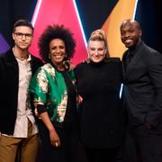 Eric Saade, Marika Carlsson, Sarah Down Finer och Kodjo Akolor är programledare i Melodifestivalen 2019 på fredagen vid en presskonferens i SVT-huset. 