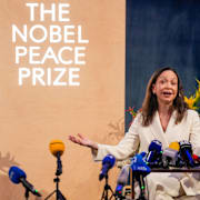 María Corina Machado när hon tilldelades priset i december. 