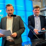 Centerpartiets partiledare Muharrem Demirok och partiets ekonomisk-politisk talesperson Martin Ådahl under en pressträff där nya klimatpolitiska förslag presenteras under tisdagen