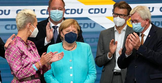 Angela Merkel på CDU:s valvaka i söndags. Martin Meissner / TT NYHETSBYRÅN