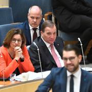 Miljöminister Isabella Lövin (MP), justitie- och migrationsminister Morgan Johansson (S), statsminister Stefan Löfven (S) och Sverigedemokraternas partiledare Jimmie Åkesson (SD) under den EU-politiska partiledardebatten i riksdagen. 