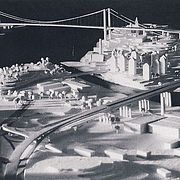 Modellfoto från 1948 föreställande ”Österbro” av ingenjörsfirman Fritsch & Co, Heidelberg. Österleden har planerats sedan slutet av 1800-talet. Numera är en motorvägstunnel huvudförslaget.
