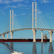 Finlands kommunikationsminister Lulu Ranne och en föreslagen bild på hur bron skulle kunna se ut. 