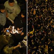 Demonstranter bränner en bild på Spaniens president Mariano Rajoy/tusentals har samlats längs gatorna.