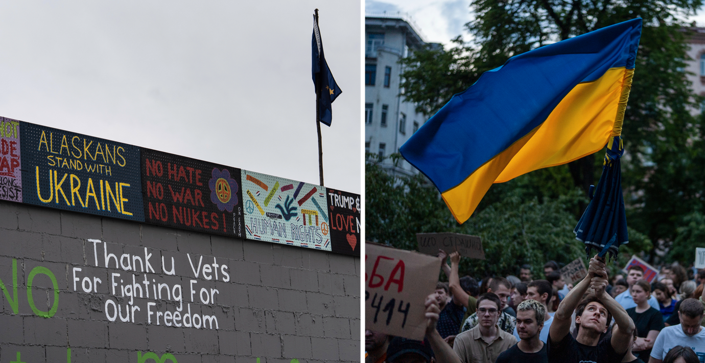 En mur i Alaska pyntad med politiska budskap inför mötet mellan Trump och Putin. 