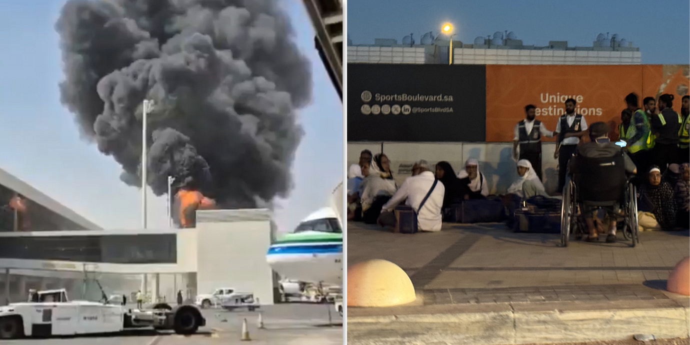 Bilder på attacken mot King Khalid-flygplatsen och resenärer som väntar utanför flygplatsen.