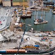 Drönarfoto över Slussenbygget.