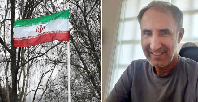 Irans flagga vid landets ambassad i Stockholm. Hamid Noury till höger. TT/Polisen
