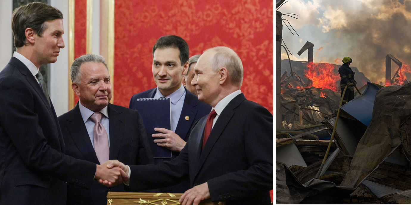 Jared Kushner och Steve Witkoff undet mötet med Vladimir Putin och brandmän släcker bränder utanför Kyiv efter en attack under veckan