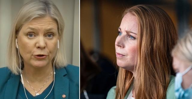 Magdalena Andersson i Aktuellt i går/Annie Lööf. SVT/TT