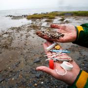 Personer från Norges Naturvårdsförbund samlar in plast längs stranden i Porsgrunn. 