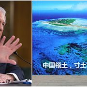 Rex Tillerson under senatsförhören. Till höger: En kvinna går förbi en skylt i staden Weifang med den kinesiska texten: ”Sydkinesiska havet, vårt underbara moderland. Vi kommer inte att ge vika” (arkivbild)