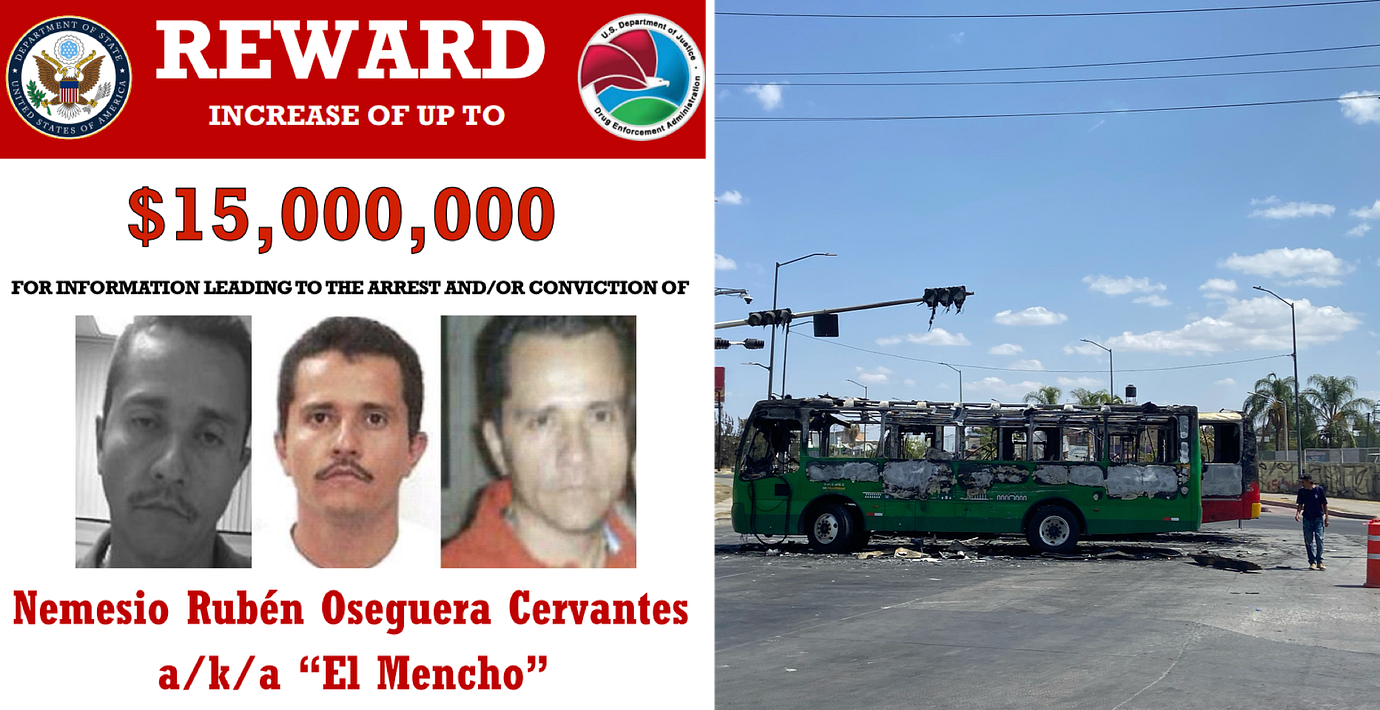 USA:s utrikesdepartements efterlysning / En buss som kartellen tänt eld på för att stoppa polisen i Guadalajara.