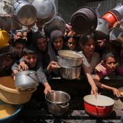 Människor försöker hämta mat i norra Gaza. 