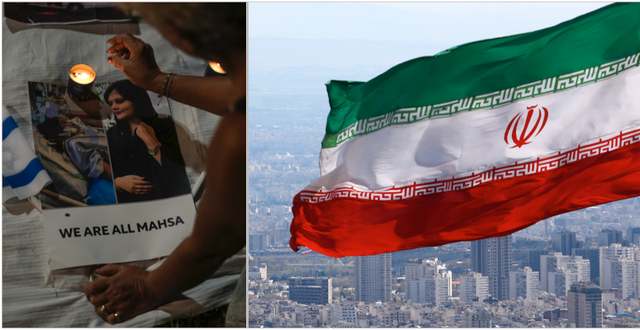 En demonstrant tänder ett ljus för Masha Jina Amini/iranska flaggan vajar över Teheran  AP