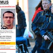 Tyska polisens efterlysningsbild på Anis Amri efter dådet. Polis patrullerar en julmarknad i Dortmund.