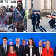 Demonstranter mot Ceta-avtalet utanför EU-kommissionen i Bryssel. Kanadas premiärminister Justin Trudeau med EU-delegaterna, inklusive handelskommissionären Cecilia Malmström.