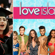 Vänster: Harvard-studenter firar. Till höger: Reklam för den brittiska realityserien Love Island.