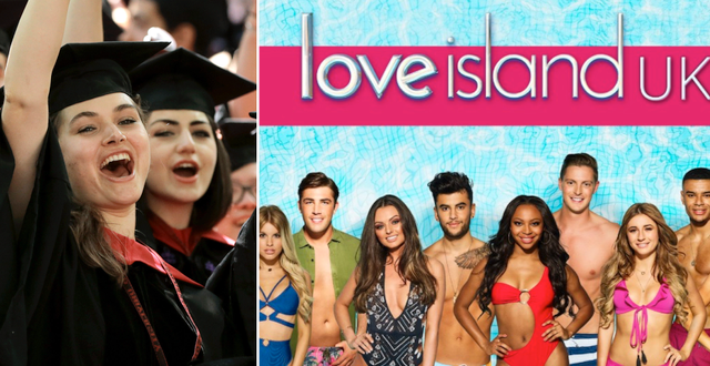 Vänster: Harvard-studenter firar. Till höger: Reklam för den brittiska realityserien Love Island. TT/ITV