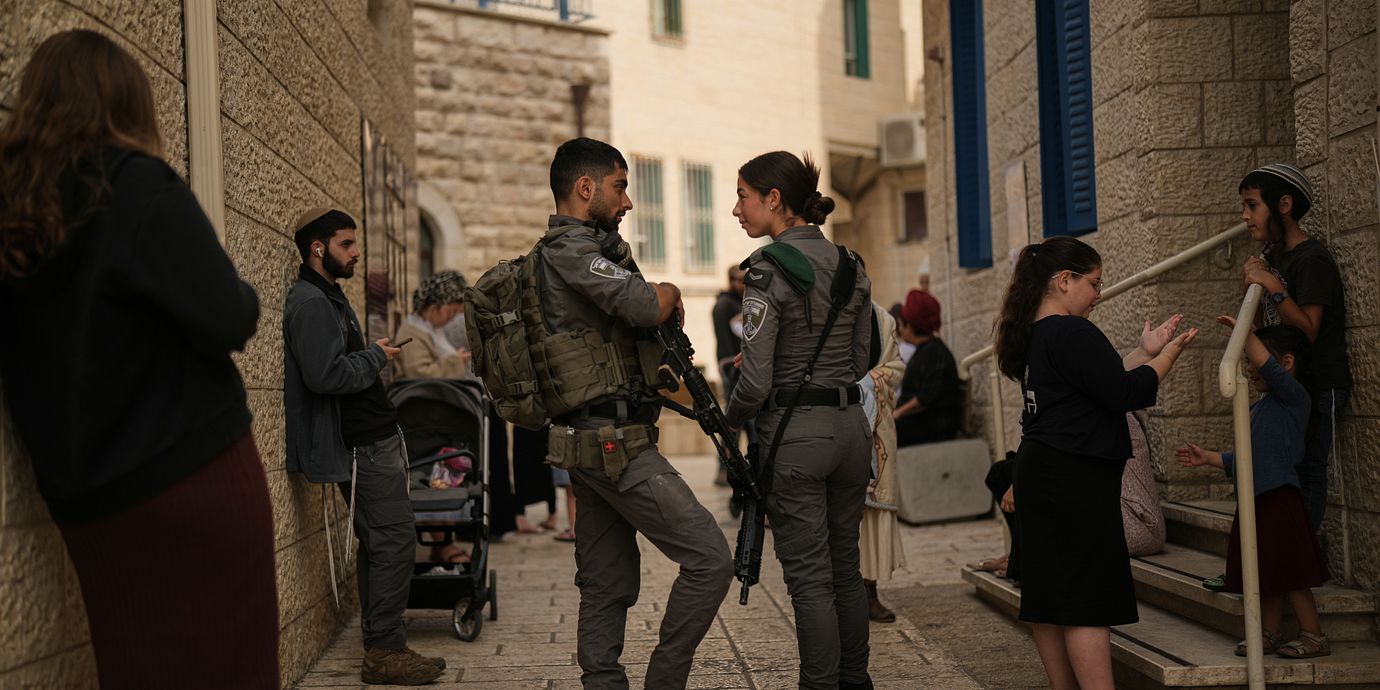 Arkivbild: Israeliska bosättare och gränspolis utanför en röstlokal i Hebron under gårdagen.