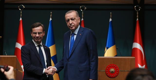 Sveriges statsminister Ulf Kristersson (M) och Turkiets president Recep Tayyip Erdogan håller en gemensam pressträff i Ankara Burhan Ozbilici / AP