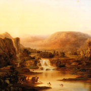 Drottning Silvia och kung Carl XVI Gustaf kollar på konst på Waldemarsudde 2009/”The land of the lotus eaters” av Robert S Duncanson.