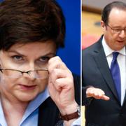 Beata Szydlo på en presskonferens i Bryssel i dag. Francois Hollande i samtal med Tysklands förbundskansler Angela Merkel. 