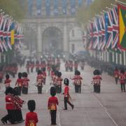 Foot Guards march at the Mall in preparation for the coronation ceremony for Britain's King Charles III in London Saturday, May 6, 2023. (AP Photo/Vadim Ghirda)  XDB114 Vadim Ghirda / AP