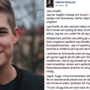 Mårten Roslund/Roslunds inlägg på Facebook där han meddelar sin avgång.